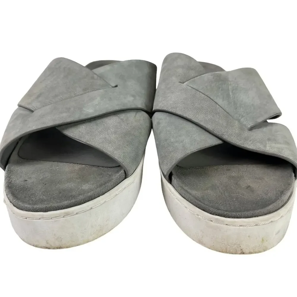 Vionic Lou Gray Wide Criss Cross Strap Slides Genuine Leather Platform Sandals 9